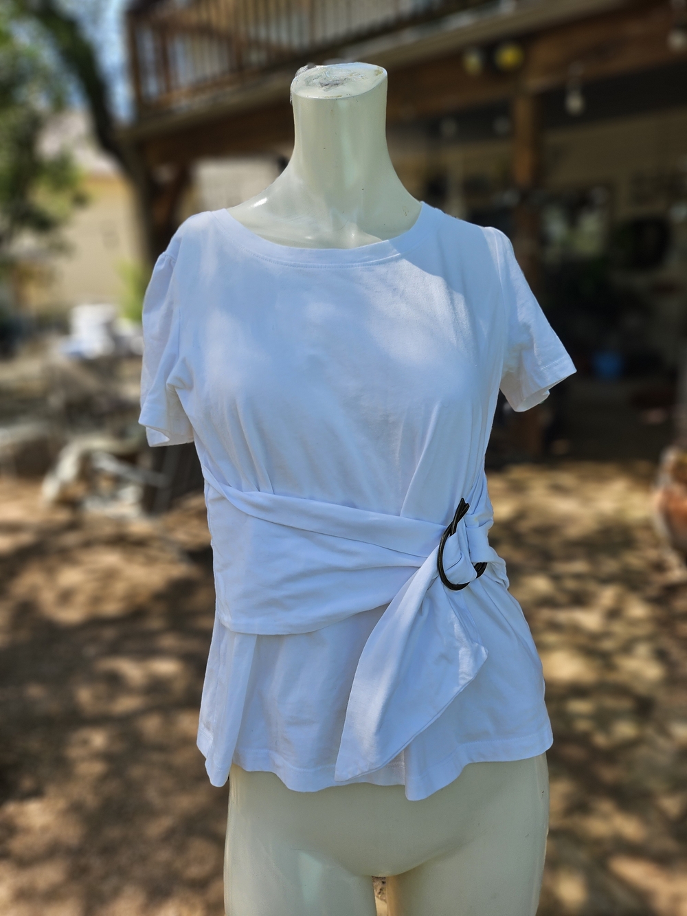Anthropologie Maeve White Cotton Short Sleeve Wrap-Buckle Belt Top T-Shirt S